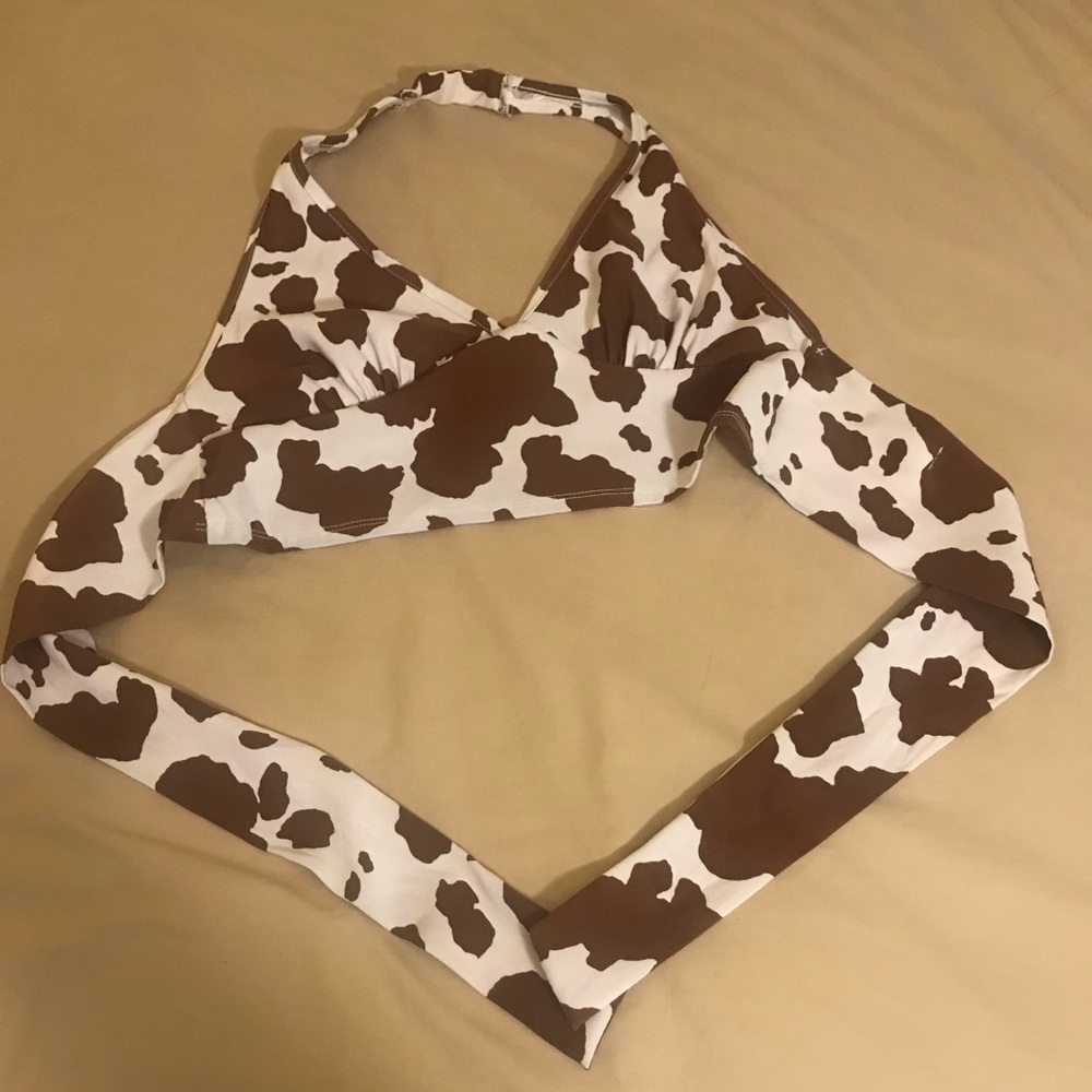 BROWN CRISS CROSS COW PRINT CROP TOP